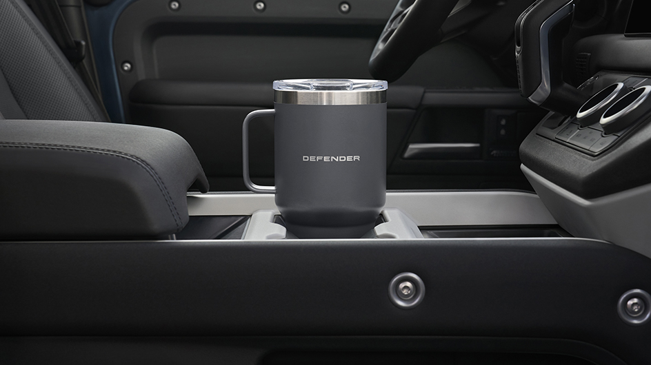 defender yeti cup in cup holder inside a defender vehicle